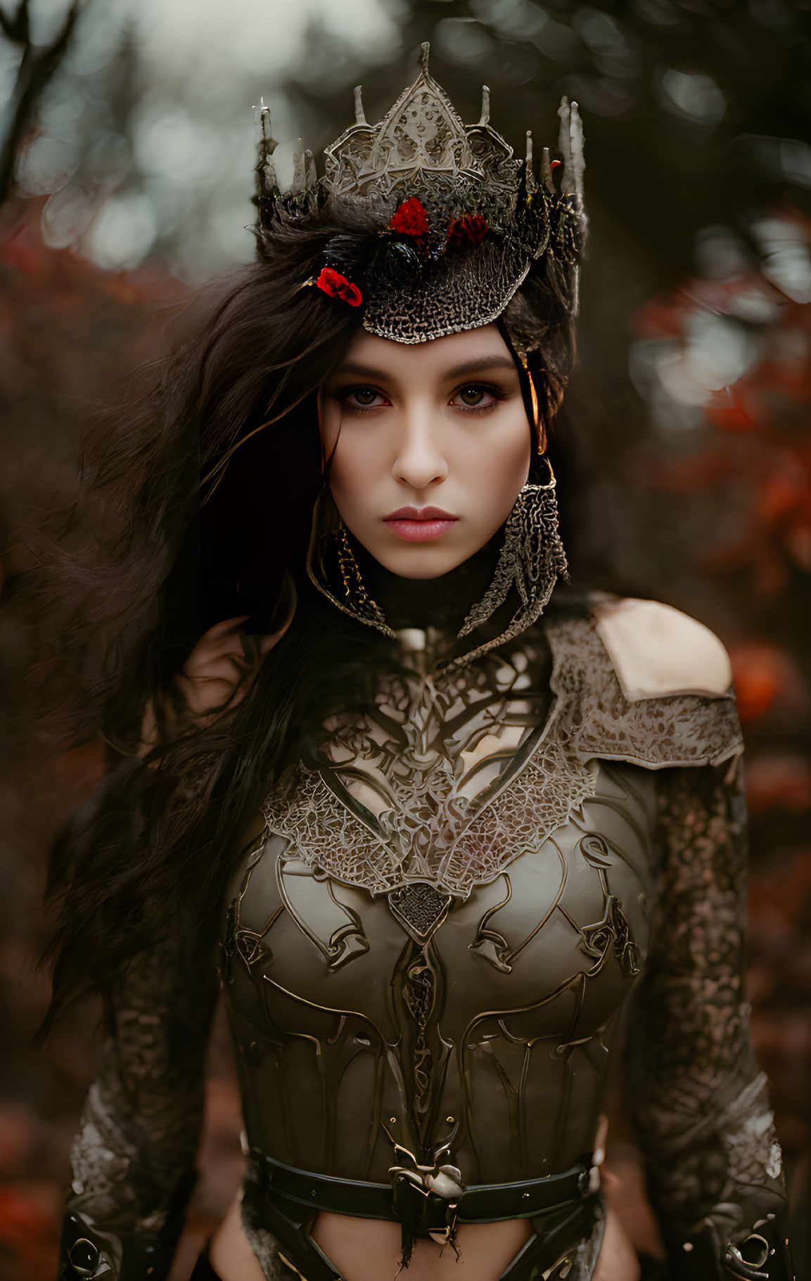 Medieval-style armor-clad woman with crown in regal fantasy setting