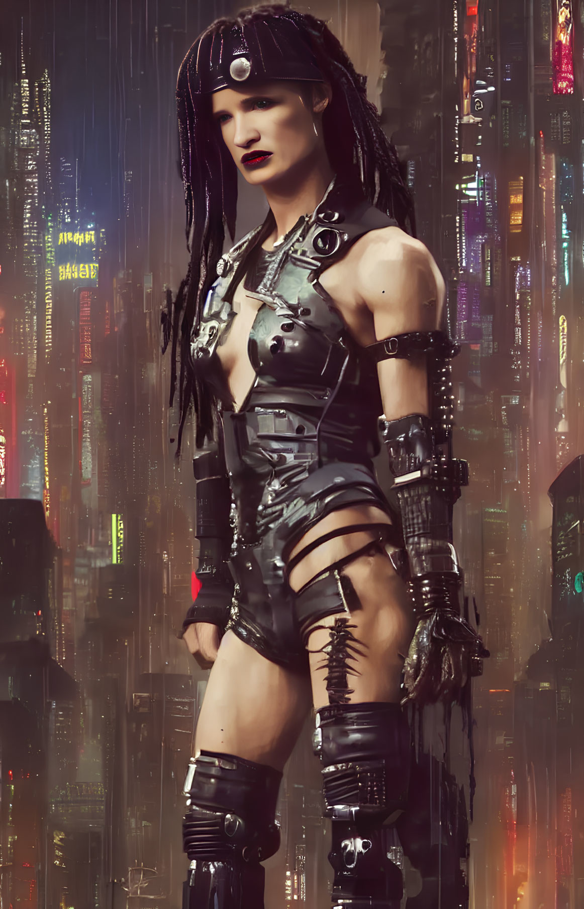 Cyberpunk-themed woman with black clothing and cybernetic limbs in neon-lit cityscape