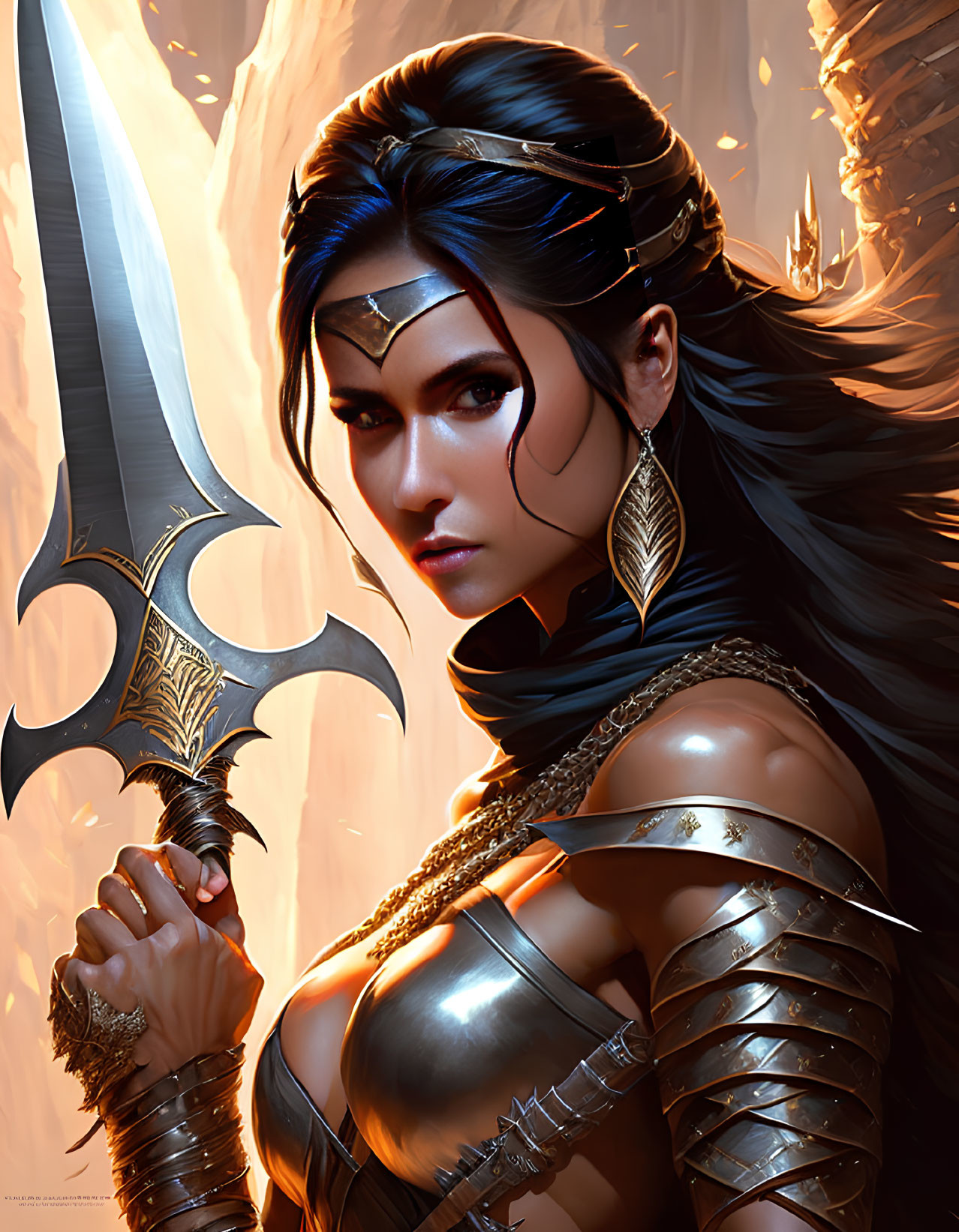 Warrior woman digital artwork: dark hair, silver/gold armor, sword, determined look