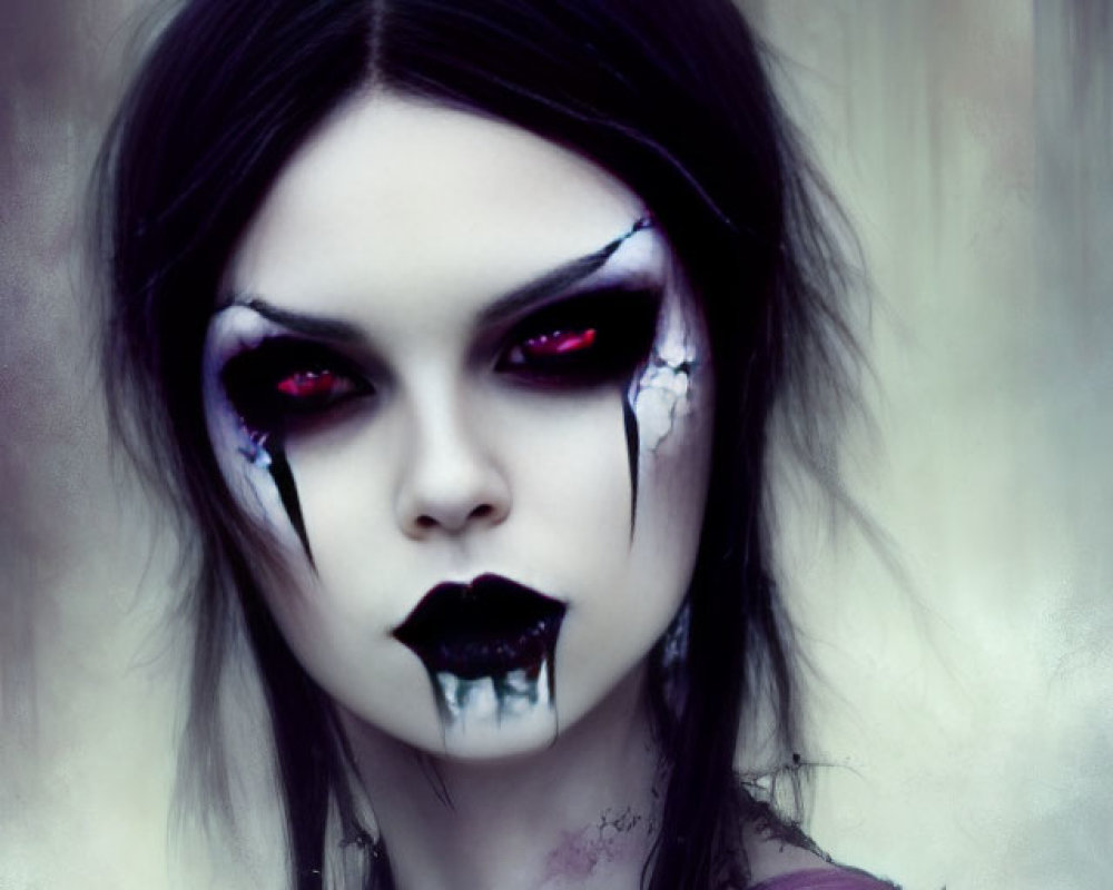 Dark, gothic-inspired makeup with black lips and dramatic eye designs