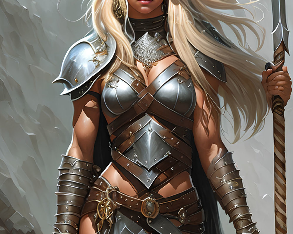 Blonde warrior woman and male companion in fantasy armor against mountainous backdrop