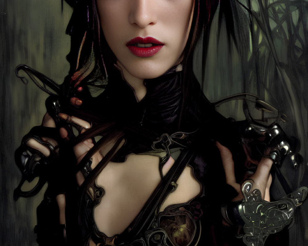 Pale-skinned woman in dark attire with horn-like headdress and metallic accents.