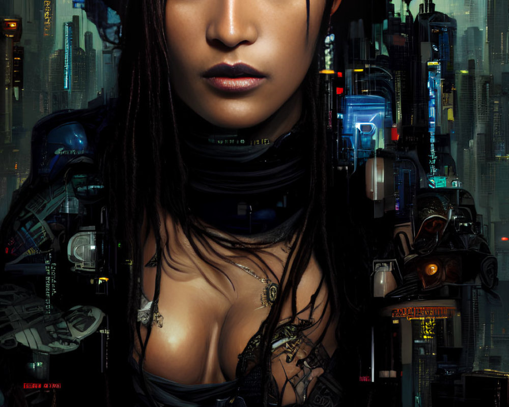 Detailed futuristic female cyborg against neon-lit cityscape