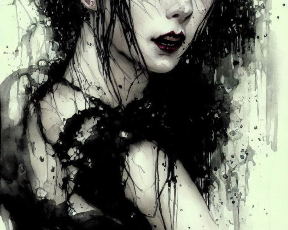 Dark Gothic Art: Person with Red Eyes and Black Ink Drips