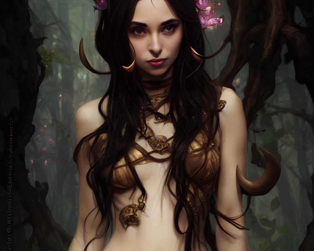 Fantasy-themed image of a horned woman in misty woods