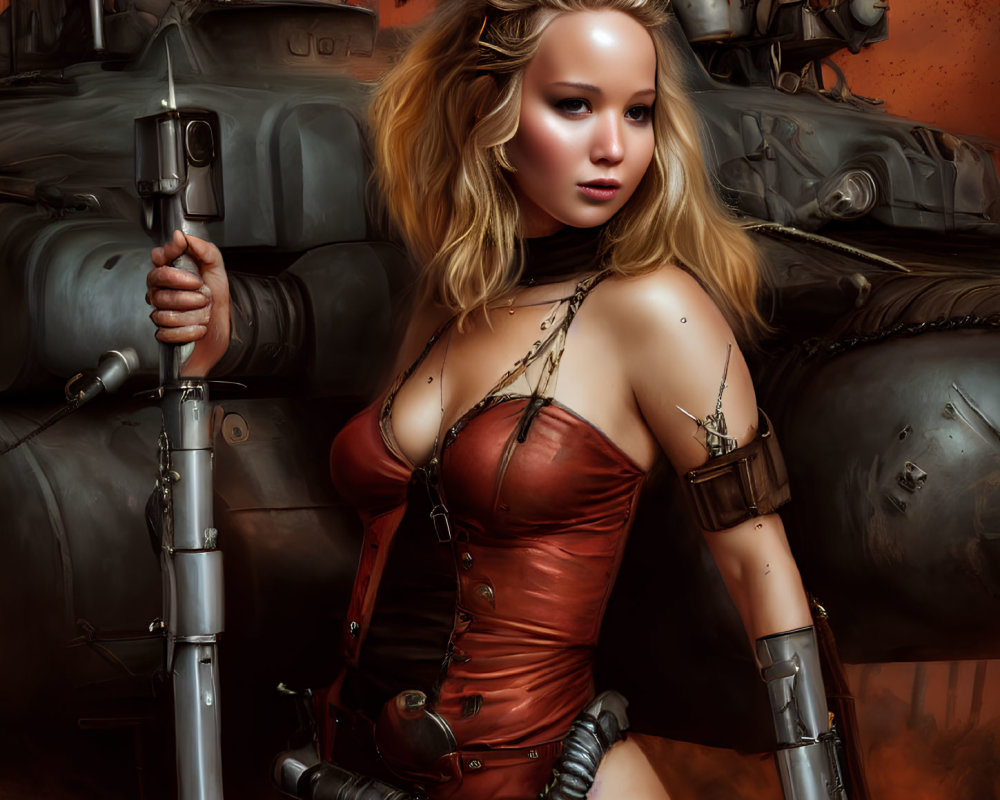 Woman in red strapless outfit with rifle surrounded by tanks and soldiers