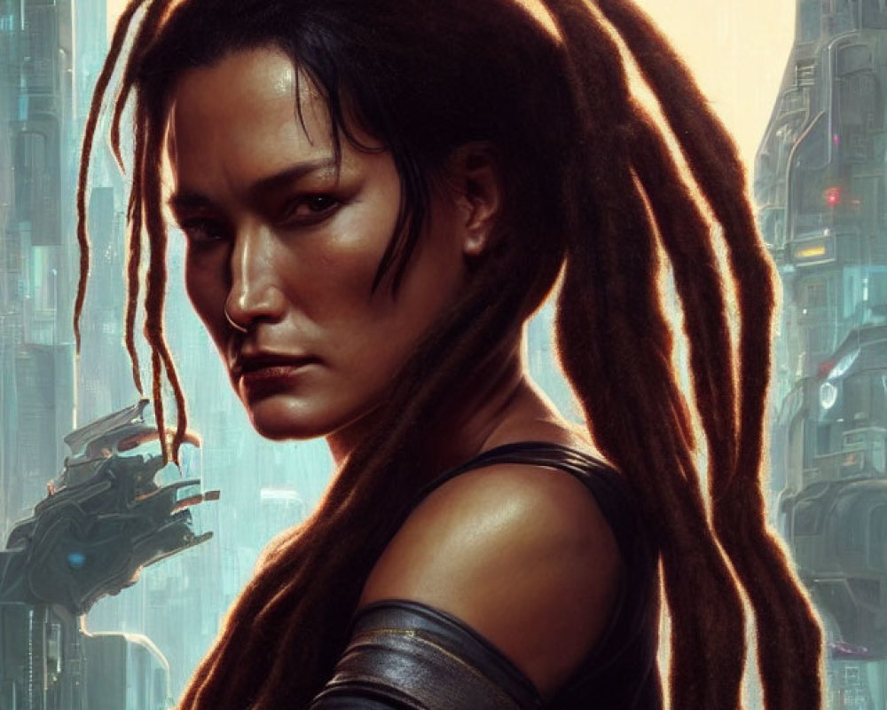 Futuristic attire woman with dreadlocks in cityscape portrait