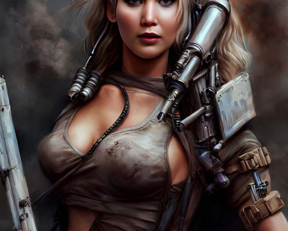 Female cyborg with robotic arm holding a weapon, blue eyes, blonde hair on dark background