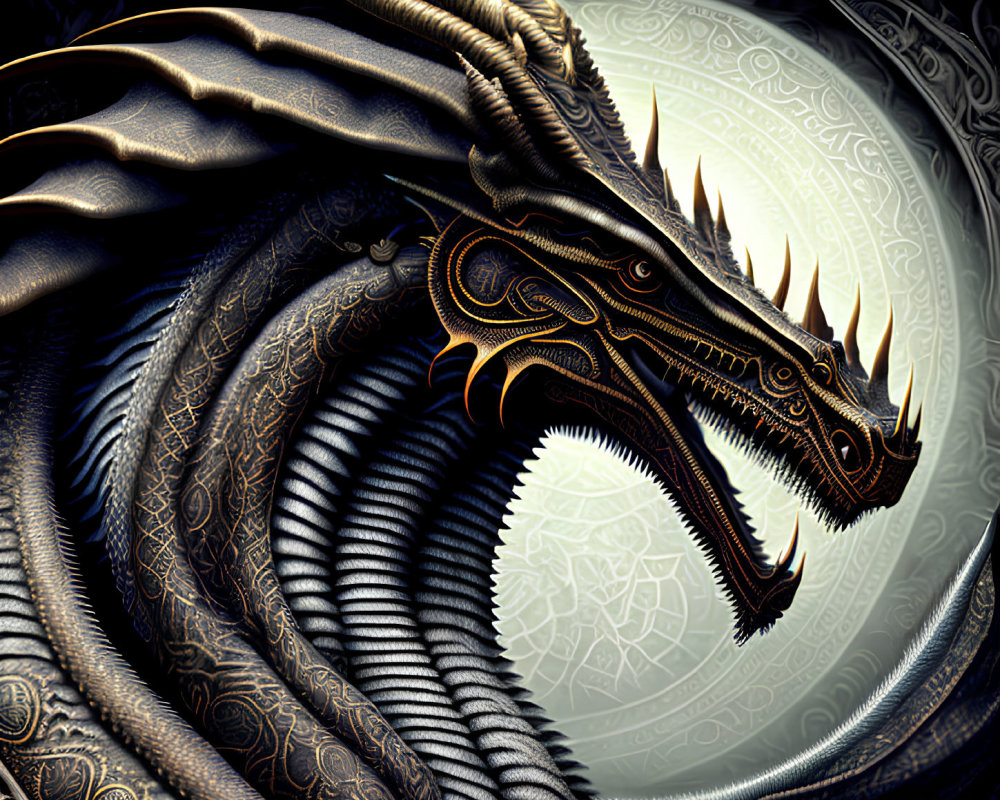 Metallic dragon with horns and spikes on Celtic-inspired background