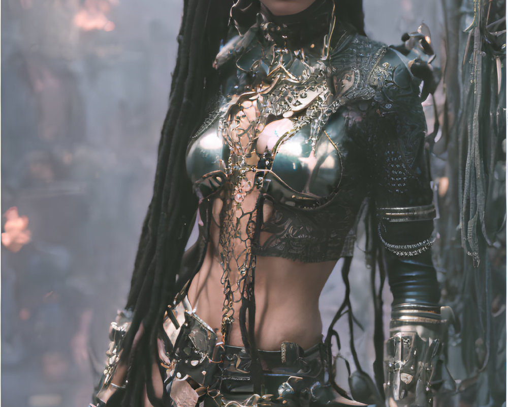 Warrior woman with braided hair in elaborate armor in misty cityscape.