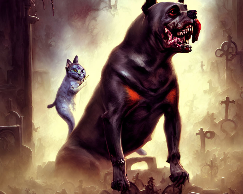 Oversized black dog and blue undead cat in foggy graveyard