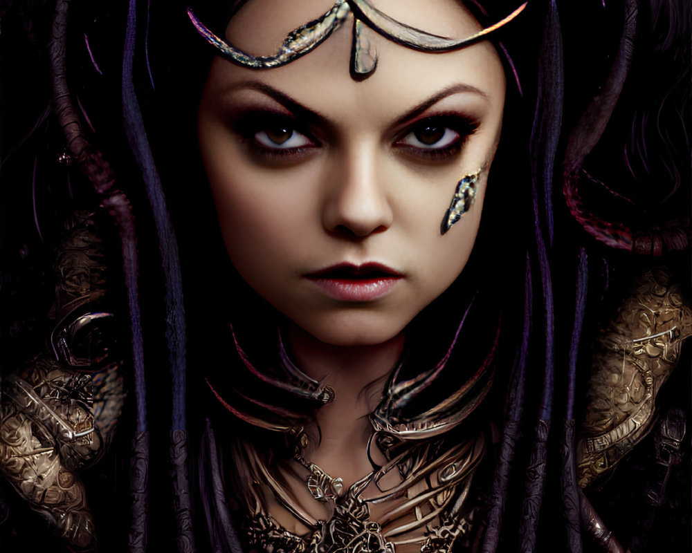 Fantasy illustration of a woman with dark hair and horns, wearing golden jewelry