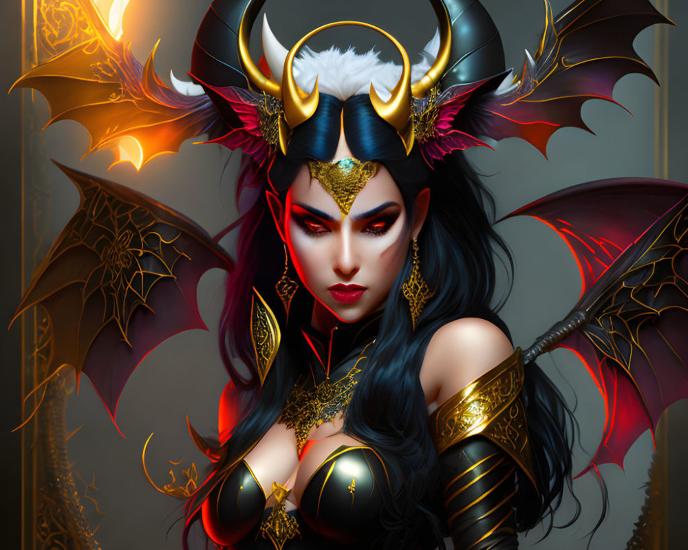 Stylized female character with demon-like features and intricate armor