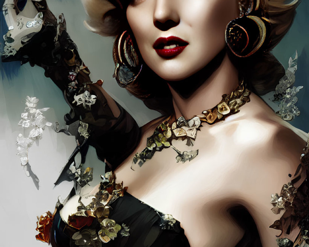 Glamorous woman with blonde curls in black dress and floral jewelry pose