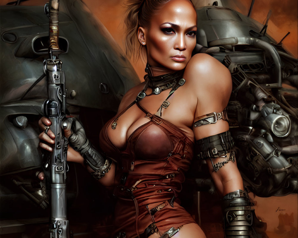 Sci-fi inspired woman with futuristic weapon and robotic mech in dystopian setting