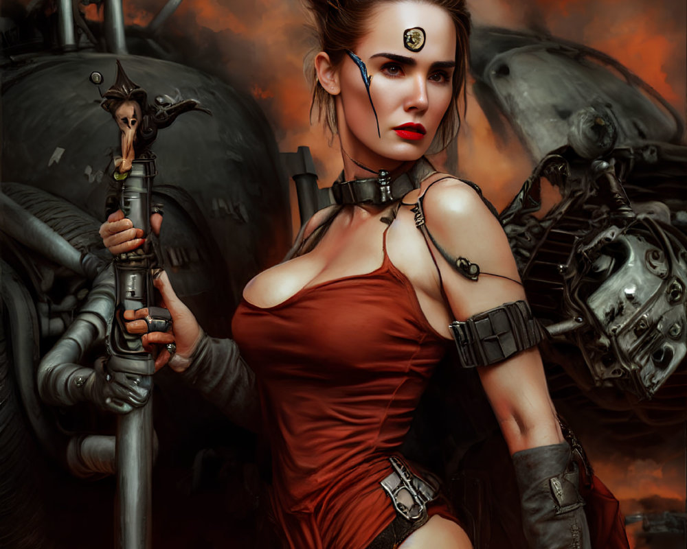 Female warrior in red outfit with staff, symbol on forehead, facing mechanical elephants in fiery sky