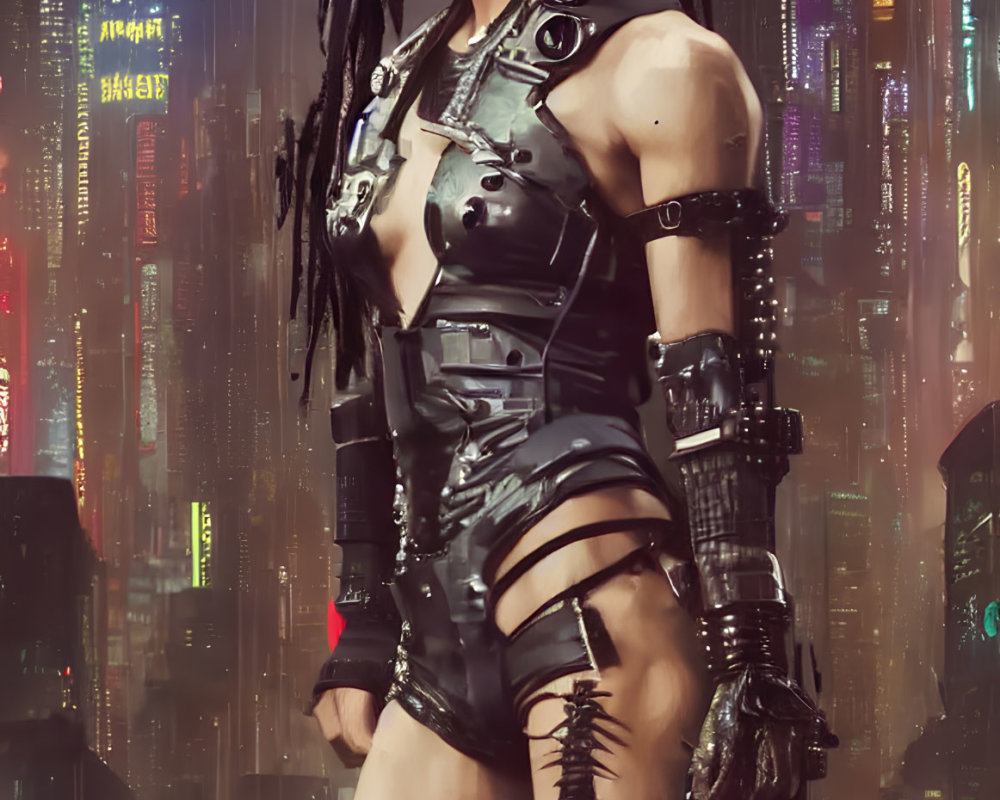 Cyberpunk-themed woman with black clothing and cybernetic limbs in neon-lit cityscape