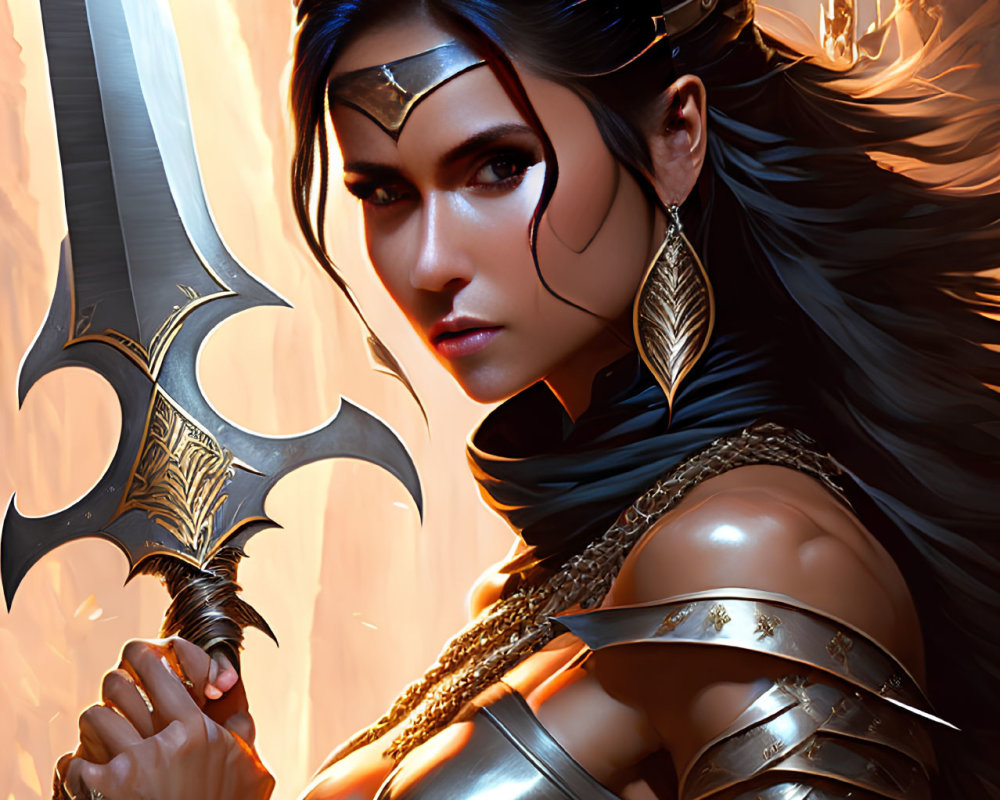 Warrior woman digital artwork: dark hair, silver/gold armor, sword, determined look