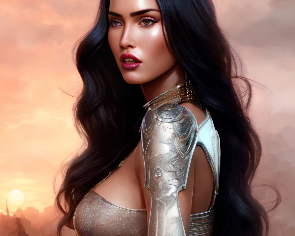 Digital artwork: Woman in fantasy armor with long black hair against sunset sky