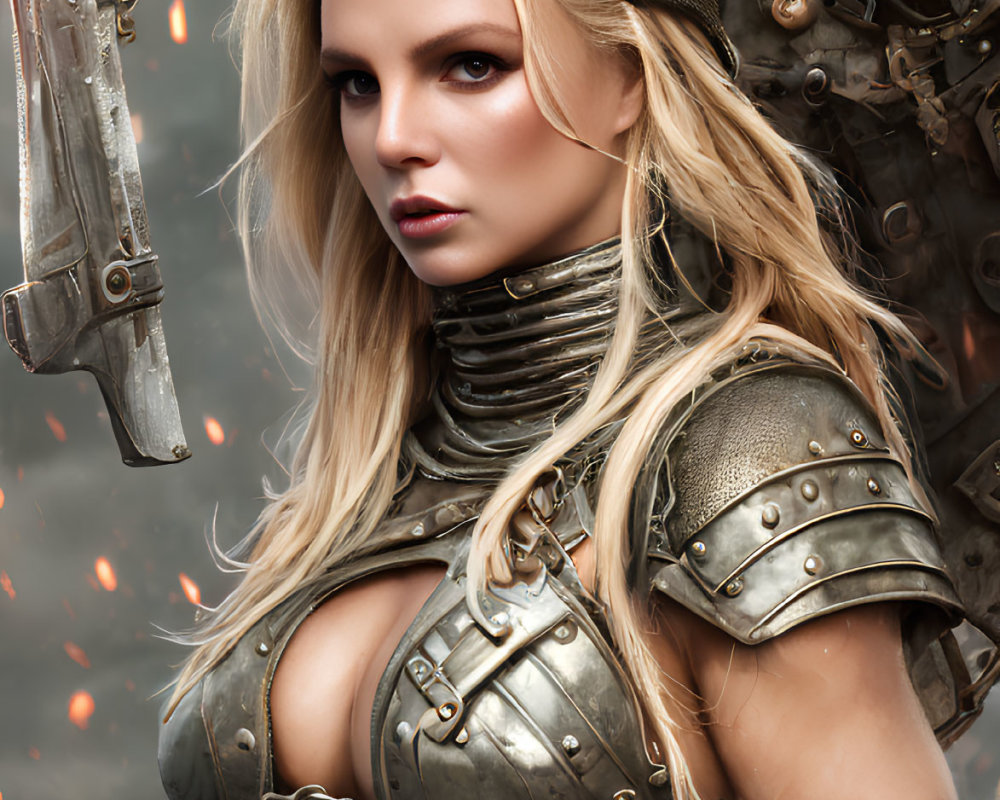 Blonde woman in futuristic armor with large gun in fiery setting