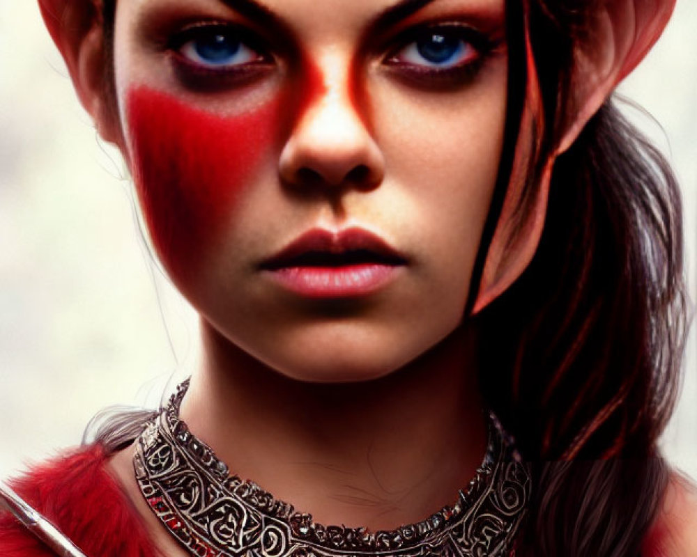 Female warrior with pointed ears, red warpaint, headband, and tribal necklace