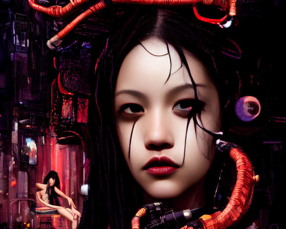 Surreal portrait of girl with tentacle-like hair in cyberpunk cityscape