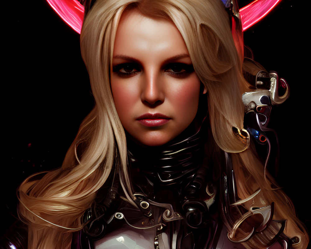 Blond-Haired Woman in Futuristic Armor and Horned Headgear on Dark Background