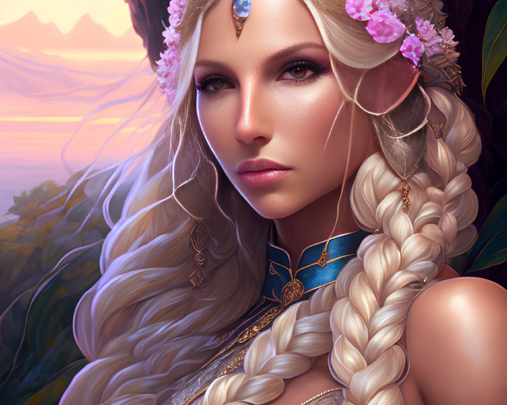 Fantasy elf woman with blonde braids, flowers, and jewelry in twilight portrait
