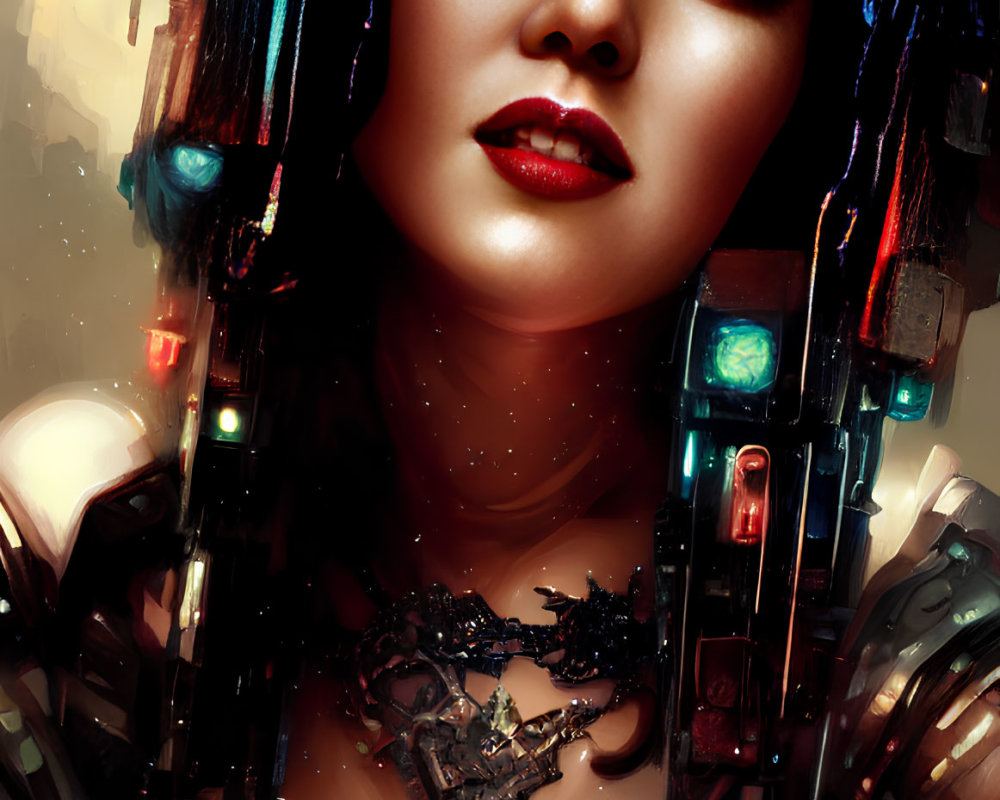 Futuristic digital artwork of a woman with cybernetic body and glowing elements