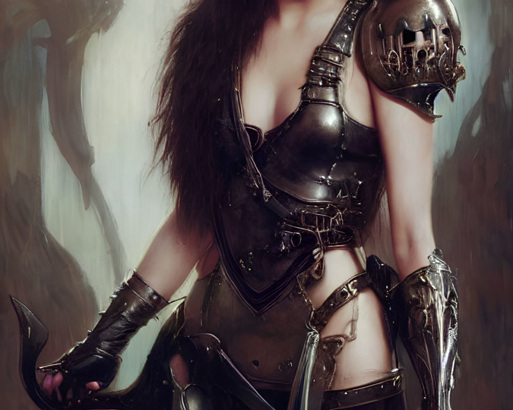 Female warrior in dark metallic armor with sword and intense gaze