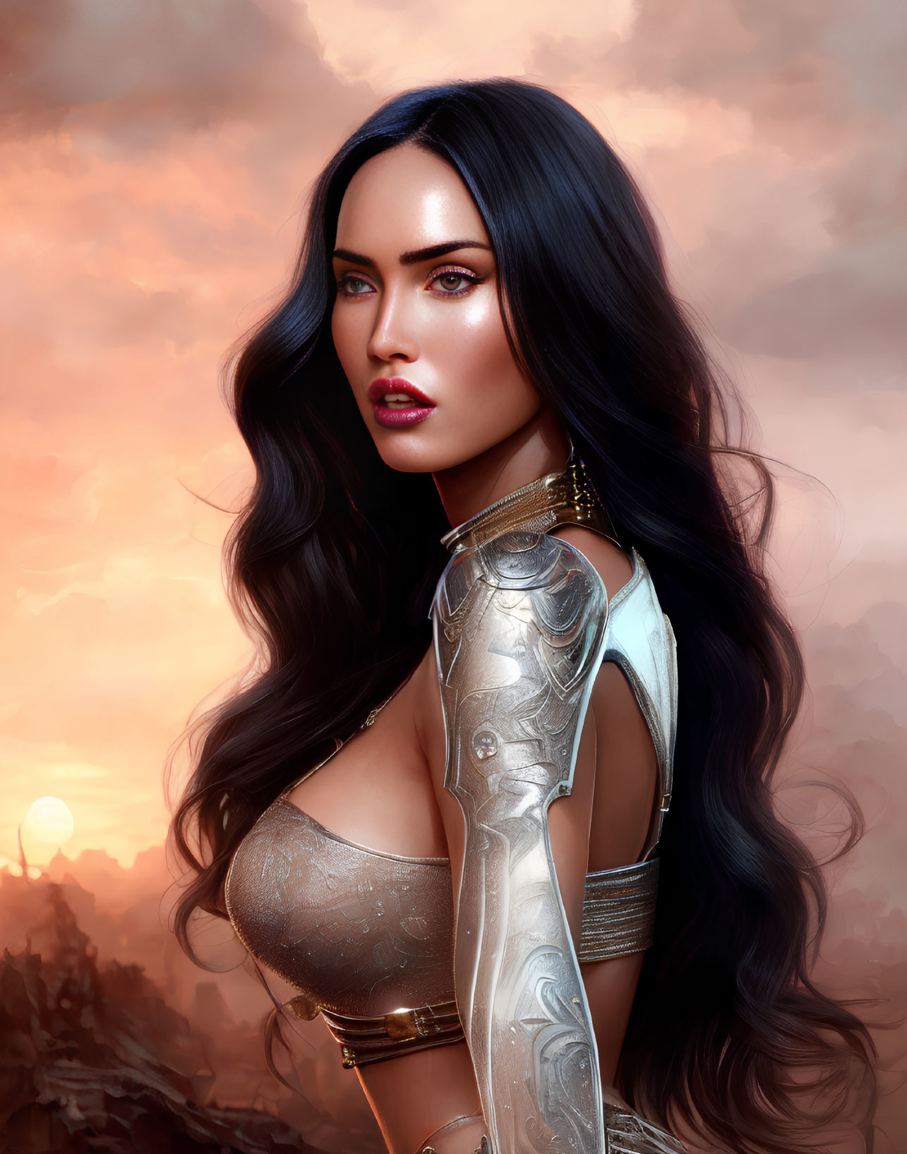 Digital artwork: Woman in fantasy armor with long black hair against sunset sky