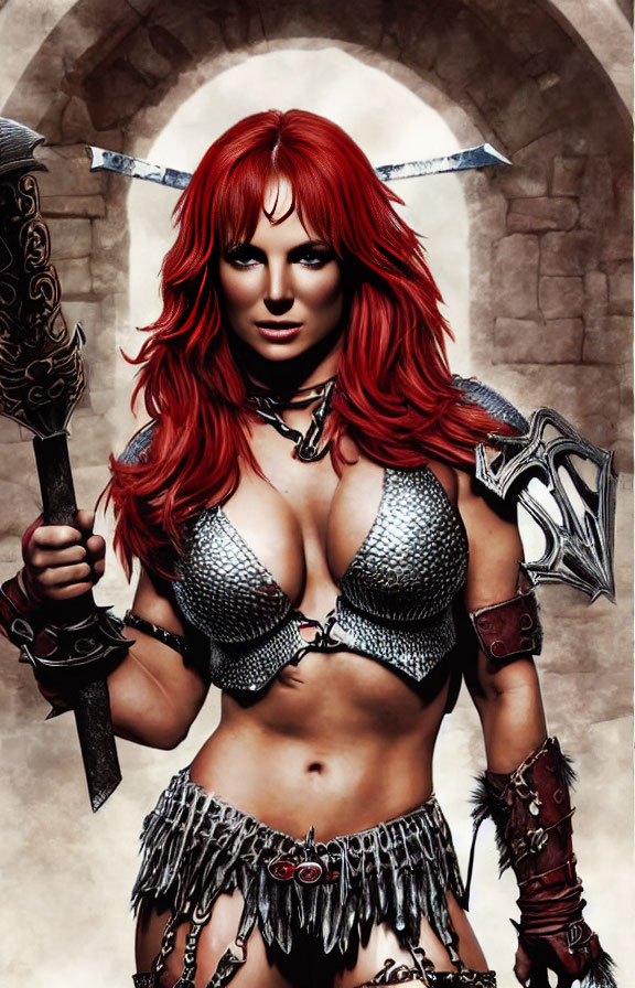 Red-Haired Female Warrior in Chainmail Armor with Mace and Axe