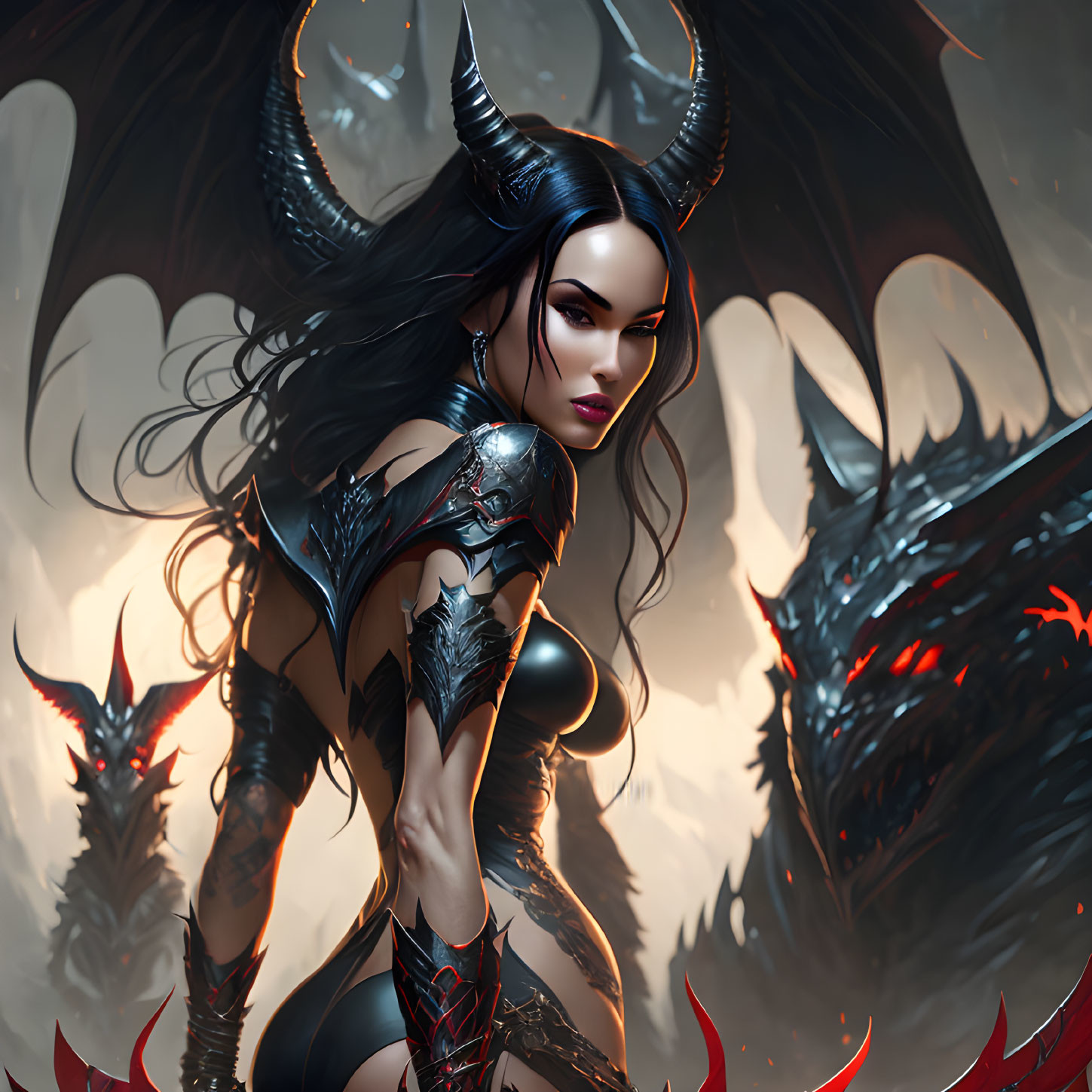 Dark-armored female warrior with horns and dragon companion.