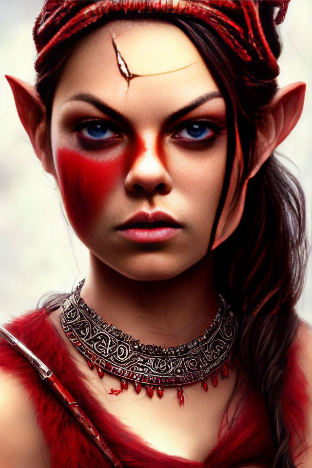 Female warrior with pointed ears, red warpaint, headband, and tribal necklace