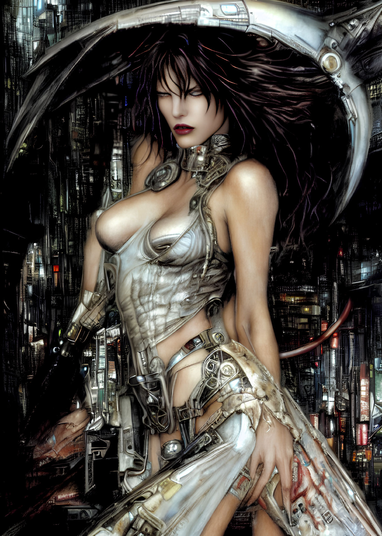 Cyberpunk-themed illustration: Woman with biomechanical limbs in futuristic attire against neon-lit high