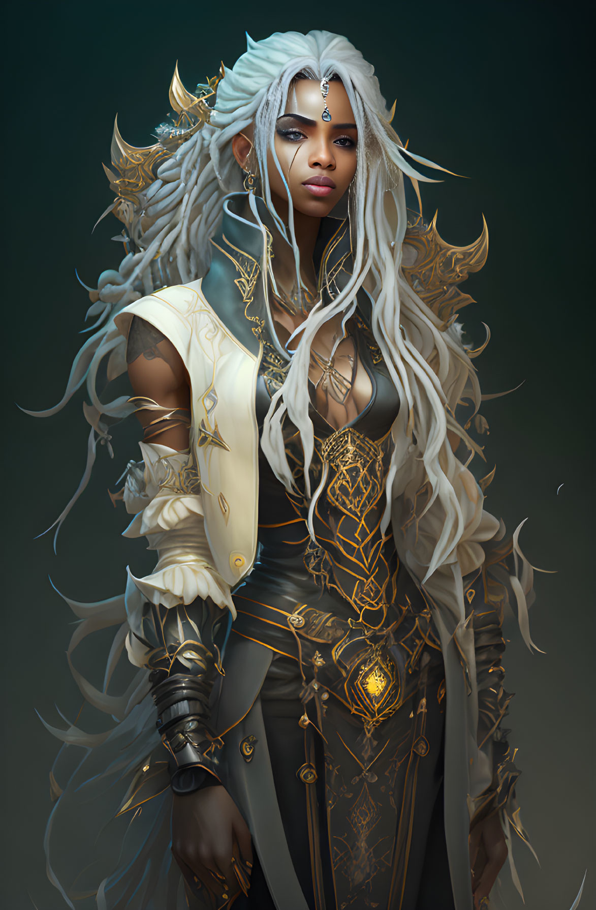 Fantasy character with white hair, gold jewelry, and ornate armor