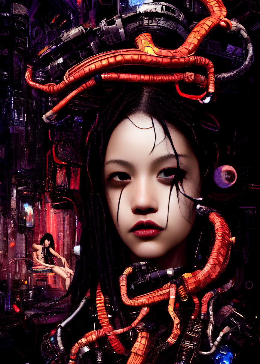 Surreal portrait of girl with tentacle-like hair in cyberpunk cityscape