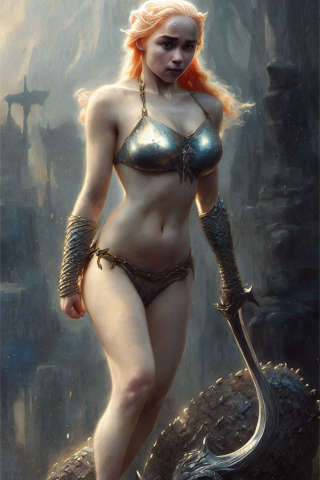 Fantasy warrior woman with fiery red hair in metal armor wielding a sword