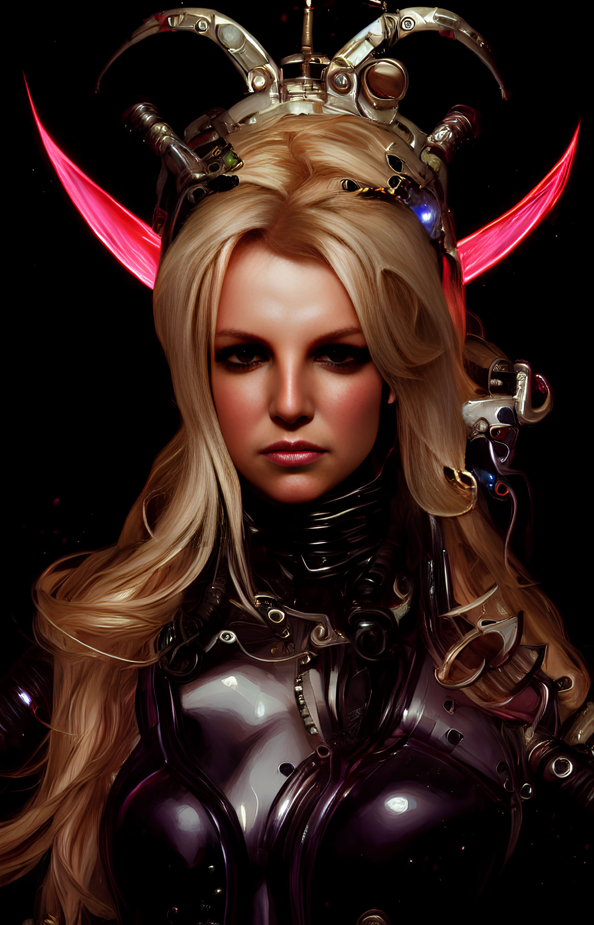 Blond-Haired Woman in Futuristic Armor and Horned Headgear on Dark Background