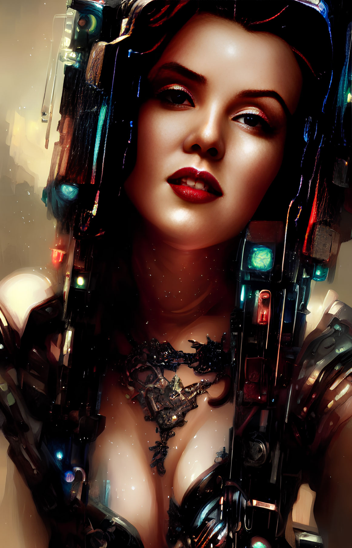 Futuristic digital artwork of a woman with cybernetic body and glowing elements