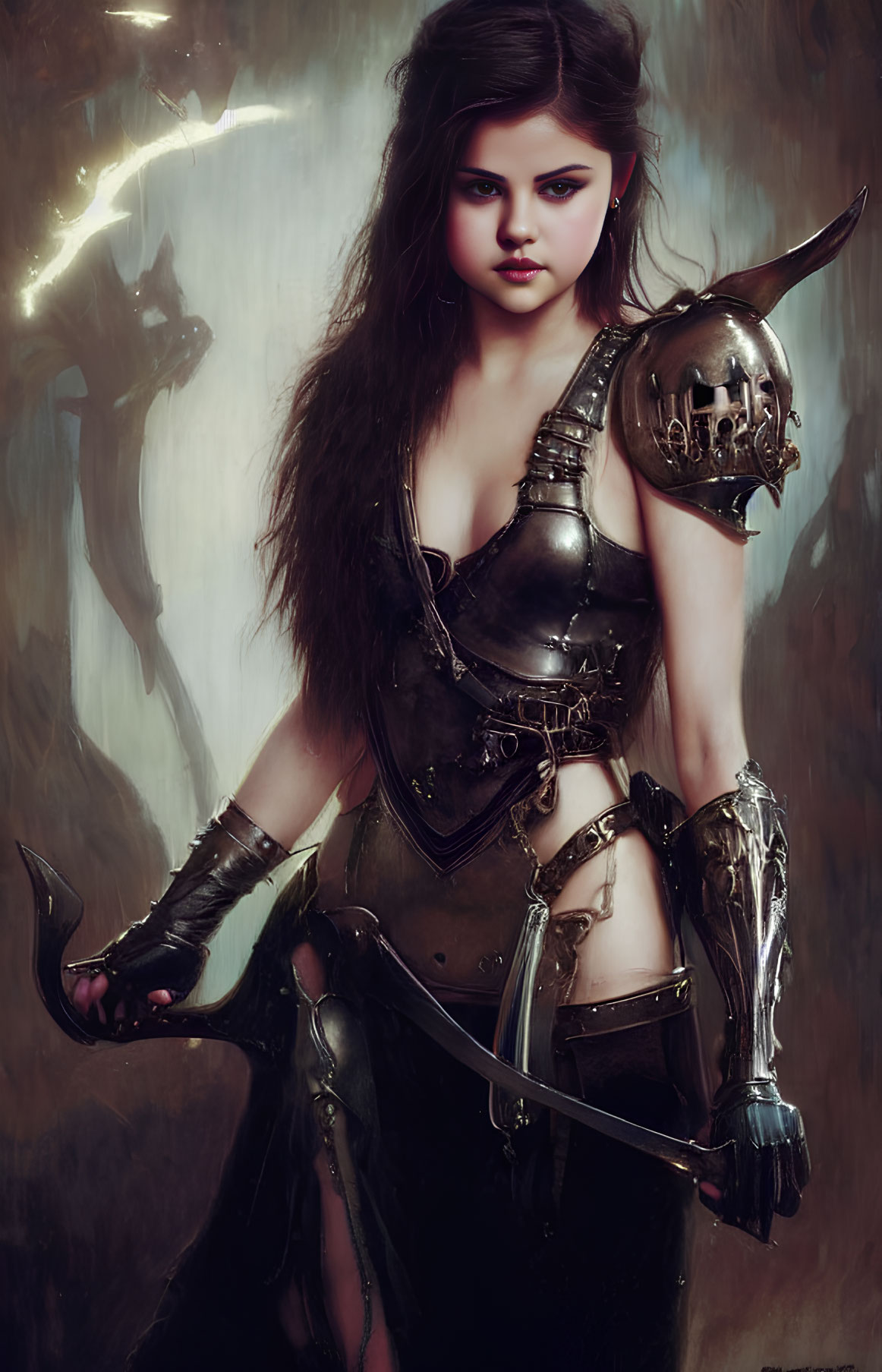 Female warrior in dark metallic armor with sword and intense gaze