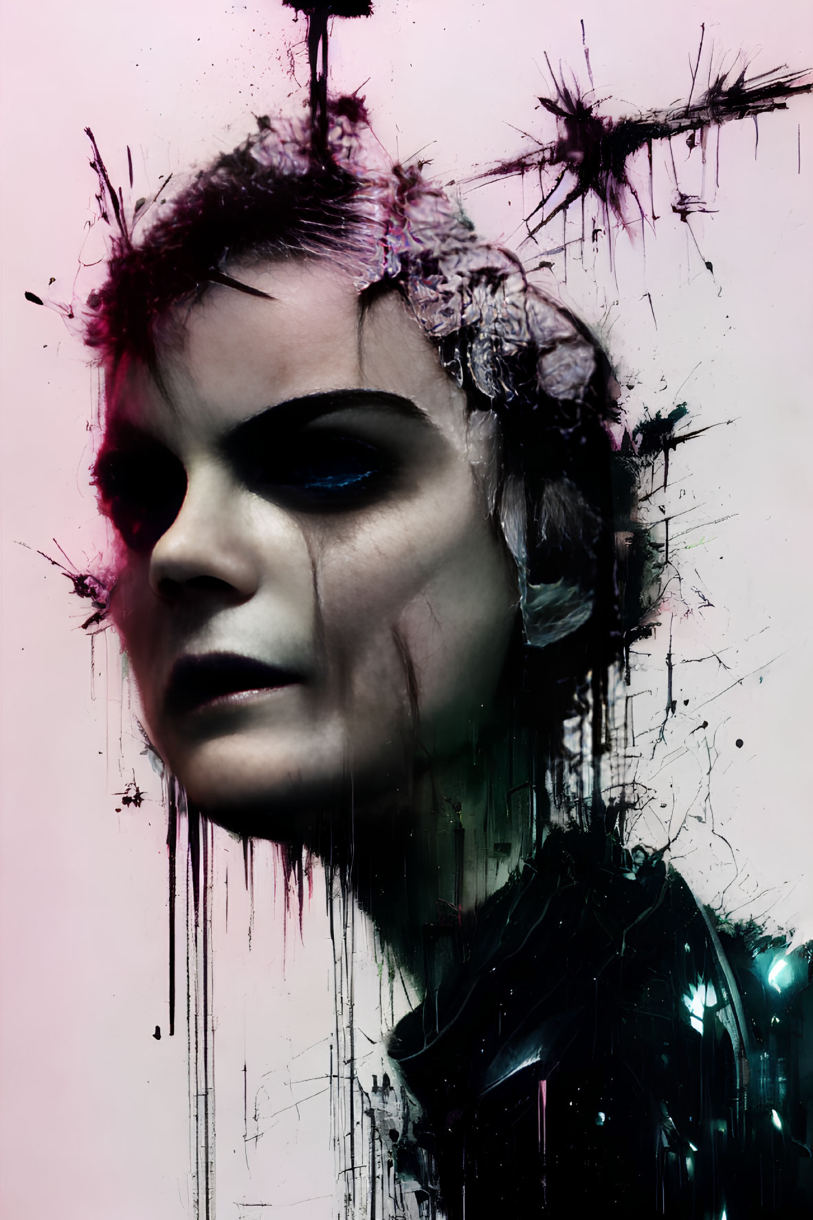 Stylized portrait with dramatic makeup and paint splatter effects