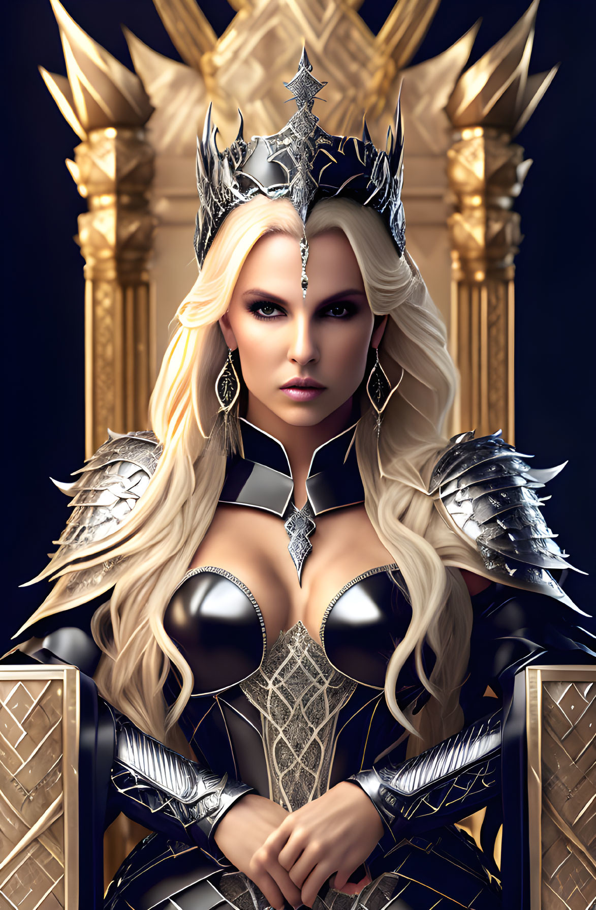 Platinum blonde woman in dark crown and silver armor on golden throne