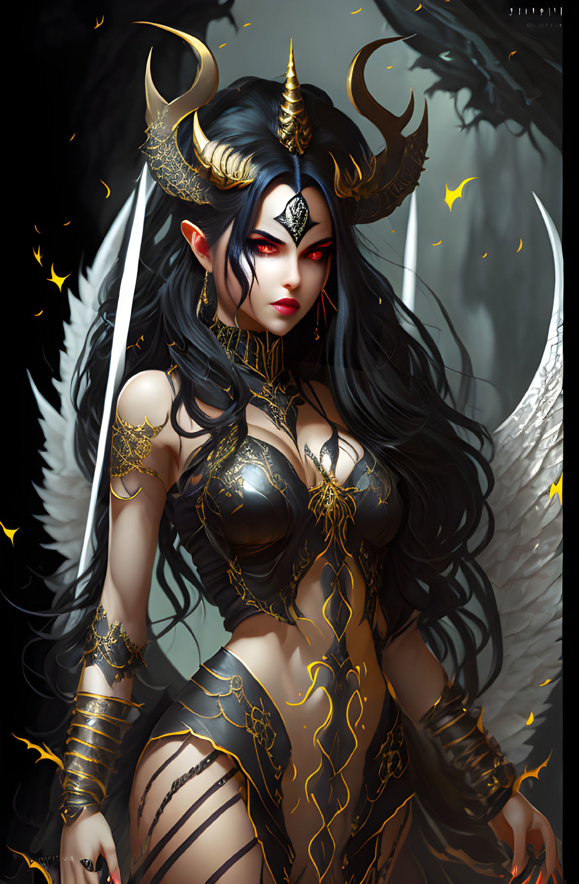 Fantasy female character with black hair, white wings, golden armor, and horned headpiece in