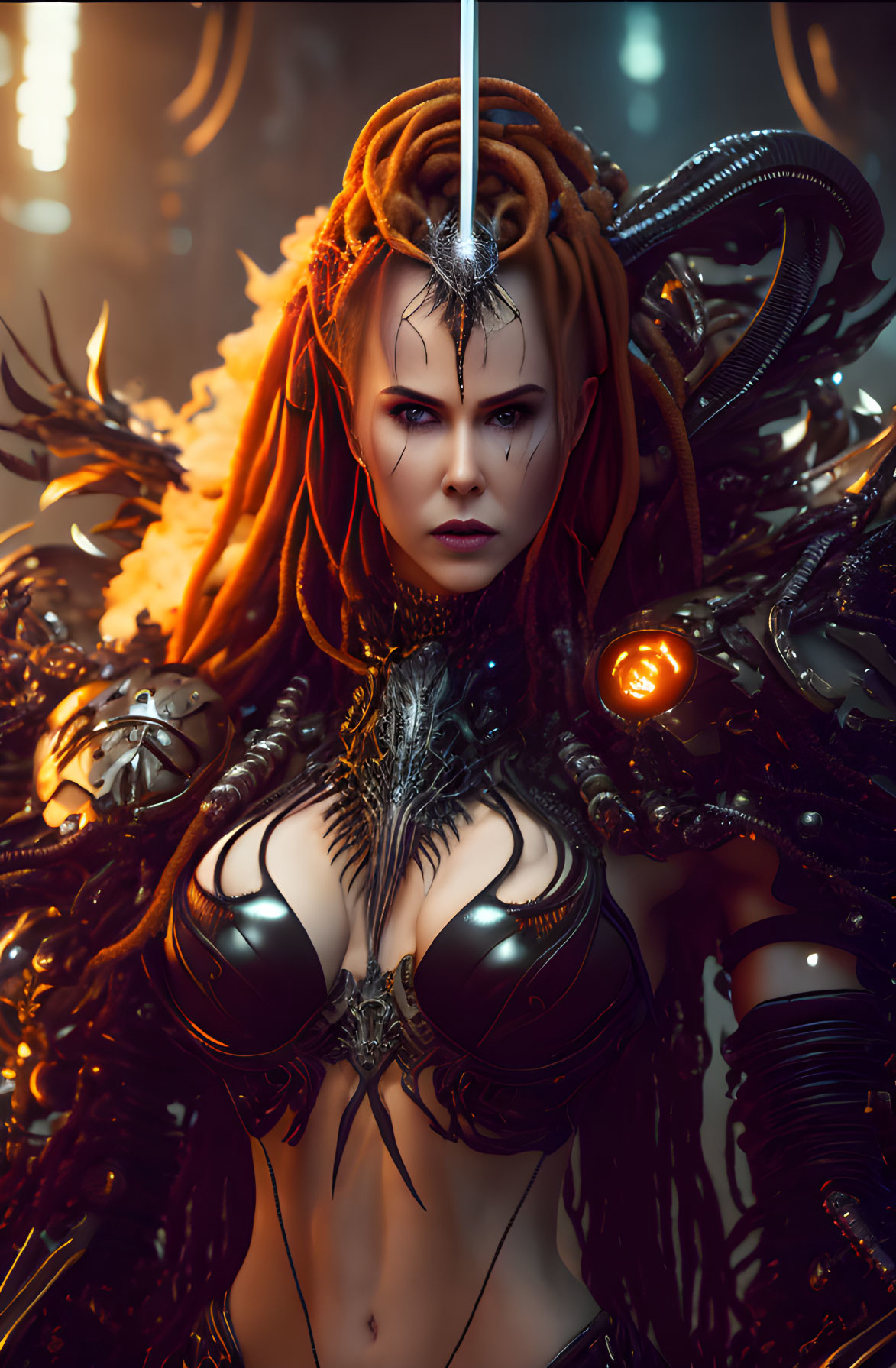 Fantasy warrior woman with dreadlocks, orange eyes, and intricate armor.