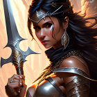 Warrior woman digital artwork: dark hair, silver/gold armor, sword, determined look