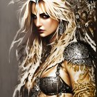 Blonde-haired woman in ornate armor with metallic details and ember-like particles