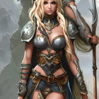 Blonde warrior woman and male companion in fantasy armor against mountainous backdrop