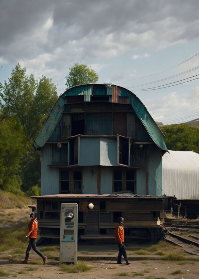 Two individuals in orange vests passing by a rundown blue building.