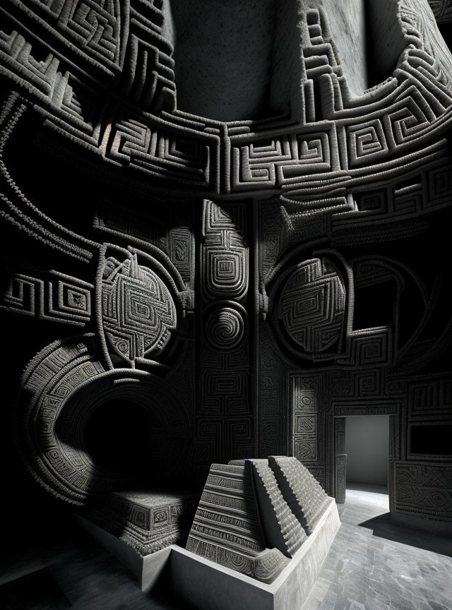 Dark geometric interior with maze-like patterns and circular designs